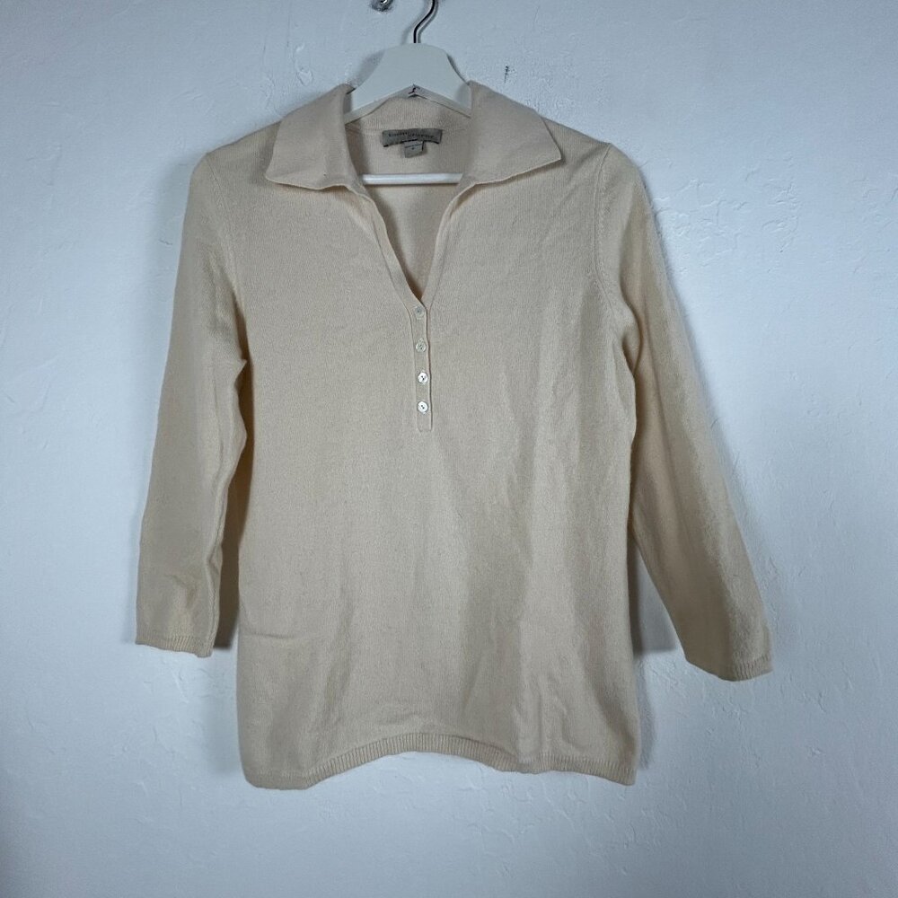 Kinross Cashmere Womens Beige Collared Polo Sweater Medium 3/4 Sleeve Casual